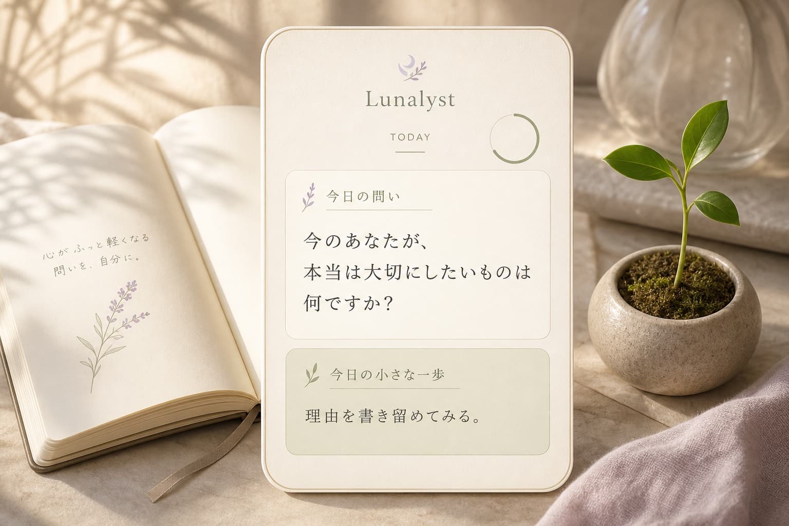 朝の光の中、開いたノートと小さな芽が一日の一歩を示すイメージ